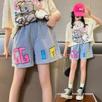 IENENS Girl Shorts Summer Loose Letter Short Pants Baby Light Blue Casual Bottoms Kids Jeans For 4-12 Years