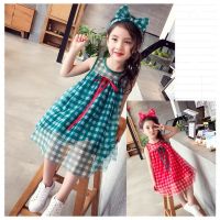 [COD] Girls plaid hairband dress princess 23 summer new foreign trade childrens a generation of 3-8 years old