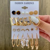 6pairs/set fashion Circle Metal Gold Color Hoop Earrings Set For Women Girl Vintage geometric Rhinestone Simulated Pearl Earring