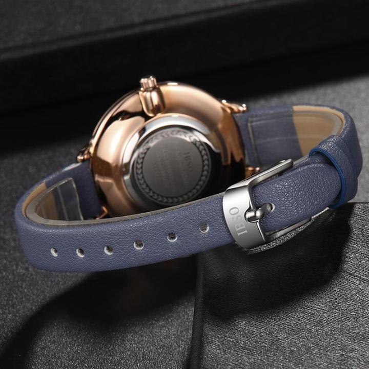 ibso-นาฬิกาผู้หญิงบางเฉียบแฟชั่นใหม่สายหนังนาฬิกาควอตซ์ประดับพลอยเทียมหรูหรา-reloj-mujer-azul-montre-femme