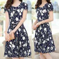 Women Elegant Fashion O-Neck Knee Length Short Sleeve Retro Printing Dress