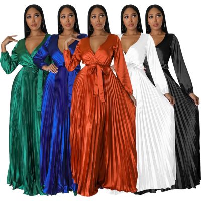 【YF】 Autumn Party Elegant Women Long Sleeve Maxi Dress Fashion Solid Color Bodycon Sexy V Neck Dresses
