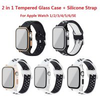 ☍ 2 in 1 Plating Tempered Glass Case Soft Silicone Strap for Apple Watch Series SE/6/5/4/3/2/1 (38MM 40MM 42MM 44MM) fashionable