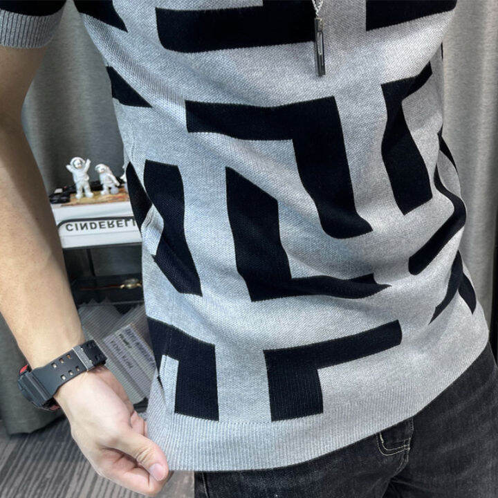 ผู้ชายหรูหราฤดูร้อนถัก-tshirt-2022เกาหลี-o-neck-แขนสั้น-top-tees-streetwear-ชาย-social-club-slim-fit-casual-t-shirt