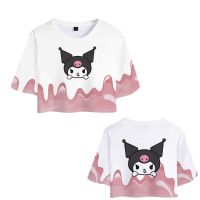 Kuromi Sanrio การ์ตูนอะนิเมะอุปกรณ์ต่อพ่วงฤดูร้อนแขนสั้นเสื้อยืดหลวมผู้หญิงสะดือเสื้อสวมใส่ด้านนอกขี้เกียจลมสั้น