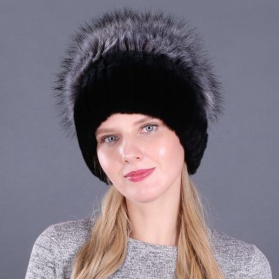 Womens Genuine Rex Rabbit Fur Hats Winter Rex Rabbit Fur Beanies Striped Head Top Flower Faux Fox Fur Warm Real Fur Knit Caps