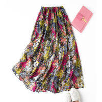 Womens 100 Mulberry Silk Chiffon Silk 2-layers Colorful Printed Long Type Skirt Summer Beach 8065