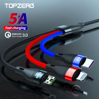 TOPZERO สายชาร์จโทรศัพท์3 In 1,สายชาร์จเร็ว USB 5A ชาร์จเร็วสำหรับ Huawei iPhone OPPO Xiaomi Vivo