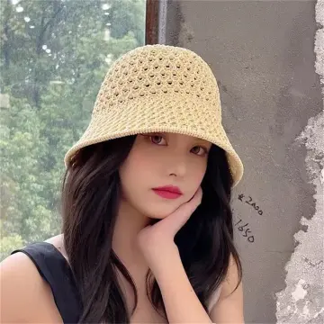 Women Fashion Straw Bow Soft Bucket Hat Summer Solid Beach Sun Hat  Fisherman Cap