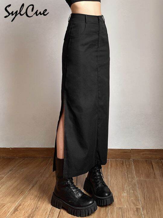 sylcue-simple-black-split-sexy-slim-hot-versatile-light-cool-thin-summer-womens-mature-feminine-charm-street-skirt-long