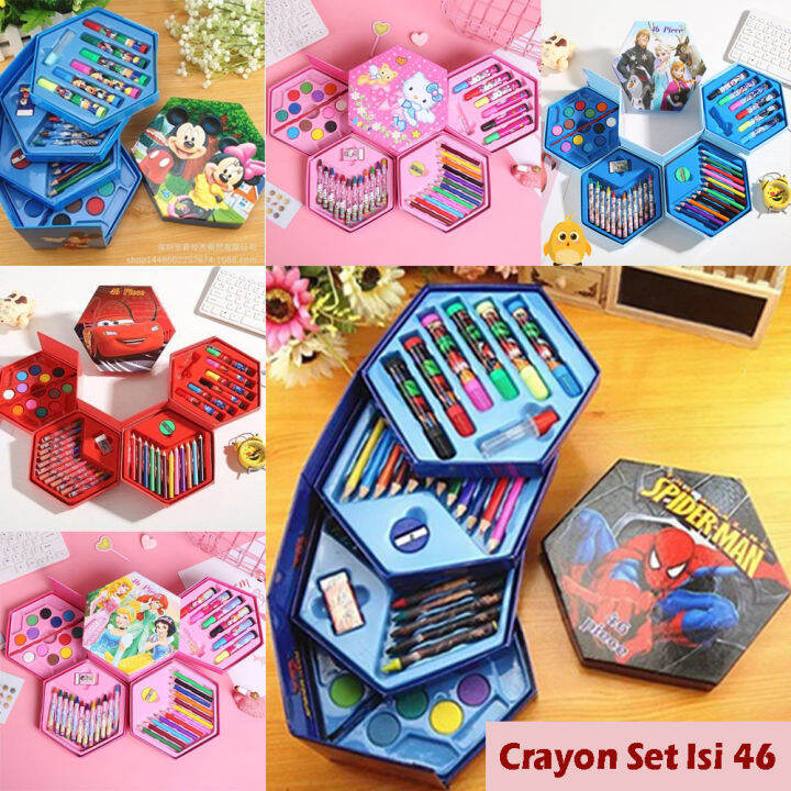 Crayon Set Isi 46 Pensil Warna Spidol Cat Air Alat Lukis Mewarnai
