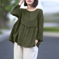 COD dhdfxcz ZANZEA Women Flare Sleeve Cotton Linen Button Down Casual Loose Blouse