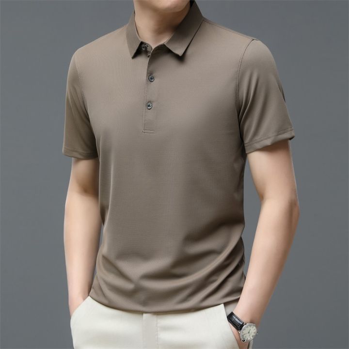 2023เสื้อโปโลสำหรับผู้ชายเสื้อยืดคอปกเสื้อแบบใหม่เสื้อยืดสีทึบป้องกันการยับสำหรับกอล์ฟออฟฟิศคลาสสิก