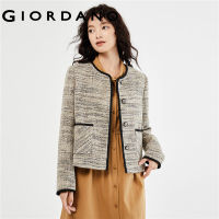 GIORDANO Women Jackets Contrasting Crewneck Trendy Elegant Jackets Button Closure Patch Pockets Fashion Casual Jackets 18373007