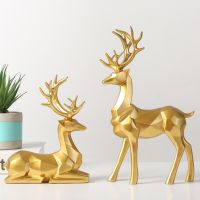 2Pcs Nordic Style Origami Elk Decor Resin Origami Reindeer Statue Creative Craft Sitting Standing Deer Figurine Modern Christmas