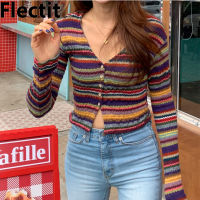 Flectit Womens Vintage Multi Striped Cardigan Button Up Crop Sweater Slim Fit Knitted Top Korean Fashion Alternative Girl Outfit