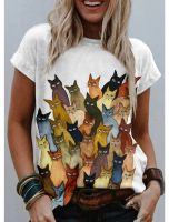 ✷  Womens T shirt Tee White Blue Khaki Graphic Cat Print Short Sleeve Going out Weekend Basic Round Neck Regular Cat Painting S