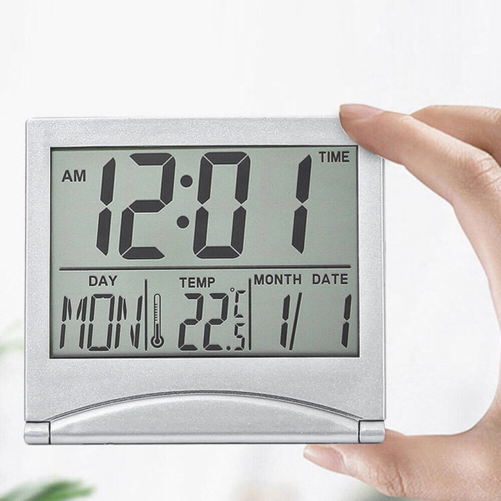 pcbfun-เครื่องวัดความชื้นและอุณหภูมิตั้งโต๊ะแบบพับได้แอลซีดี-นาฬิกาสำหรับเดินทางแสดงผลวันที่ความชื้นและอุณหภูมิมัลติฟังก์ชั่นาฬิกาอิเล็กทรอนิกส์