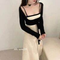 Dressthgryje177ถักคอสี่เหลี่ยมเล็กของผู้หญิงดีไซน์ล้ำสมัยแบบฝรั่งเศสสุดเท่ฤดูใบไม้ร่วง