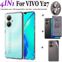 4IN1สำหรับ VIVO Y27ใสสี่มุมกันตกเคส VIVO Y27นิ่ม TPU กระจกเทมเปอร์ด้านกันลื่นความเป็นส่วนตัวฟิล์มป้องกันเซรามิก + ฟิล์มสำรองคาร์บอนไฟเบอร์ + เลนส์กล้องถ่ายรูป