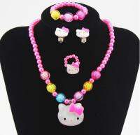 1Set=4pcs Girls Accessories Necklace pink Kitty Cat Bracelet Rings clip earrings necklace Kids Lovely Jewelry Set Round Beads