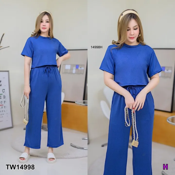 Garden Clothes ชุดเซ็ทสาวอวบ SET สาวอวบ เสื้อครอปแขนสั้น+กางเกงขายาว