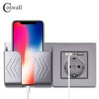 COSWALL Dual USB Charging Port 16A Wall EU Russia Socket Power Outlet Glass Panel PC Panel Matte Grey Color