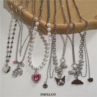 Kpop Goth Harajuku Punk Pink Heart Cross Metal Dog Pearl Necklace For Men Women Couple Bff Street Grunge Y2K Jewelry Accessories