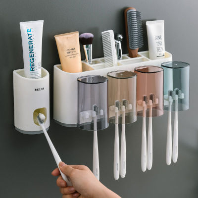 washstand rack mouthwash cup ยาสีฟันบีบถ้วยแปรงสีฟันพรุนผู้ถือแปรงสีฟันตั้งถ้วยฟันฟรีแรงดันใช้ในครัวเรือน