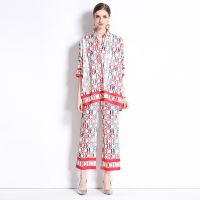 Womens Two-piece Fashionable Loose Fitting Large Silhouette Shirt+positioning Printed Wide Pants Set