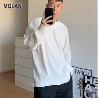 MOLAN เสื้อกันหนาวผู้ชายแขนยาวเสื้อยืดแขนยาว ครูว์เน็คผู้ชาย,เทรนด์แฟชั่นหลวมเสื้อเชิ้ตลำลองสีทึบ