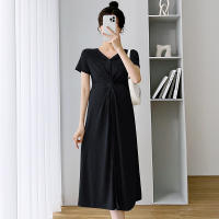 Maternity Dress Summer  V-neck Breastfeeding Slim Waist Short-sleeved Temperament Solid Color High Waist Cotton Long Skirt