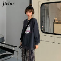 Jielur Print O-neck Autumn Hoodie Women Korean Loose Pullover Hooded Jacket Chic Sweatshirt Slim Winter Purple Harajuku Hoodie