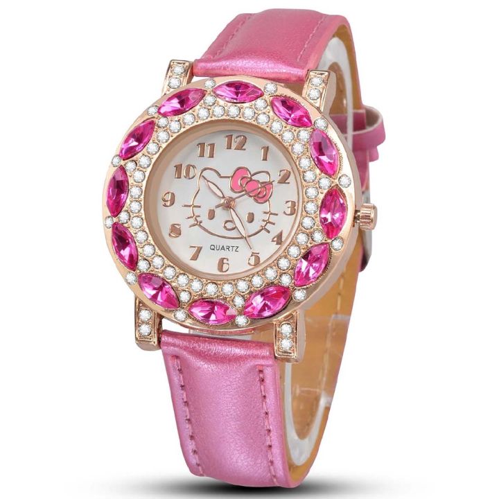 hello-นาฬิกาข้อมือเพชรการ์ตูนน่ารักสำหรับเด็กผู้หญิง
