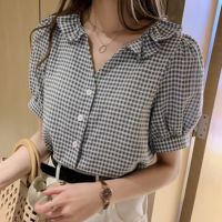 ❡ Checked Short-Sleeved Shirt Plus Size Korean Version Fashionable Classy Ruffled Cardigan Loose Top