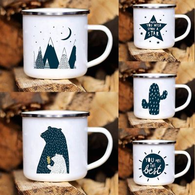 【High-end cups】 ดวงจันทร์ดาวภูเขาพิมพ์เคลือบสร้างสรรค์กาแฟถ้วยนมแคมป์ไฟตั้งแคมป์แก้วจับ Drinkware วันหยุดเดินป่าแก้วของขวัญ