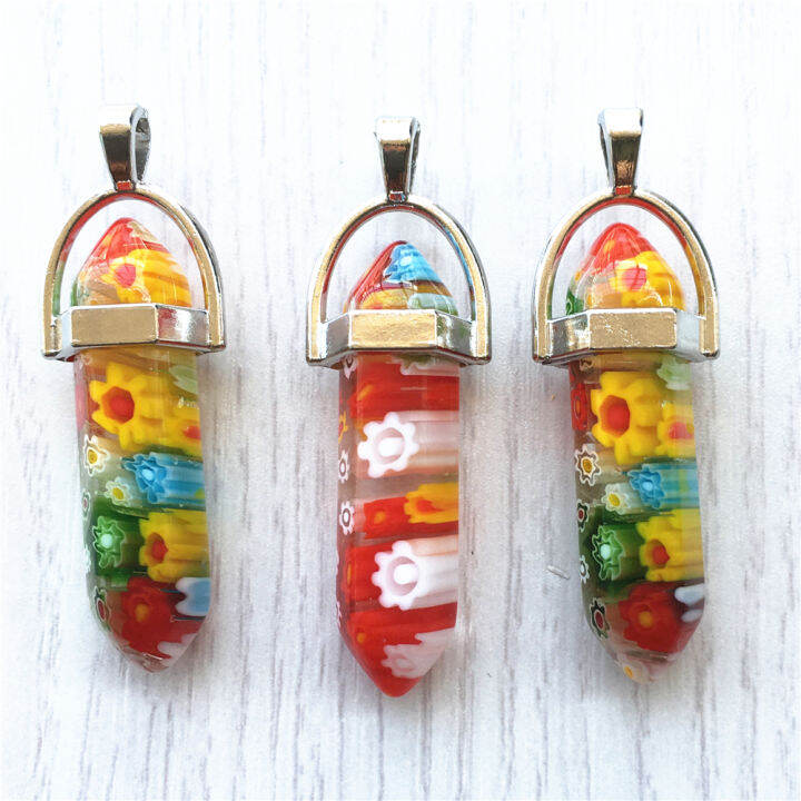 hot-thousand-flowers-glass-pillar-pendants-fashion-healing-charms-bullet-pendulum-necklace-making-accessories-wholesale-24pcs