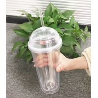 ✇♘┅ 20oz Milk Tumbler with Dome Lids Double Wall Plastic Drink Cups With Straw Reusable Clear Water Bottle Transparent Fruit Cup