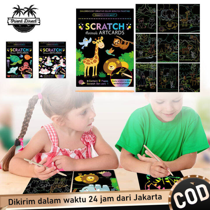 9 Sheets Lukisan Glitter Anak Scratch Paint Paper Scratching Painting