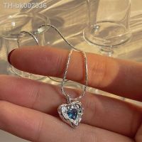 ❁▣▧ Korean Fashion Blue Crystal Heart Pendant Necklace Silver Color Chain for Women Wedding Aesthetic Jewelry Accessories