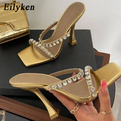 Eilyken New Design Square Toe Golden Slippers Sandals Fashion Crystal Diamond Strange Heels Shoes Woman Summer Slides