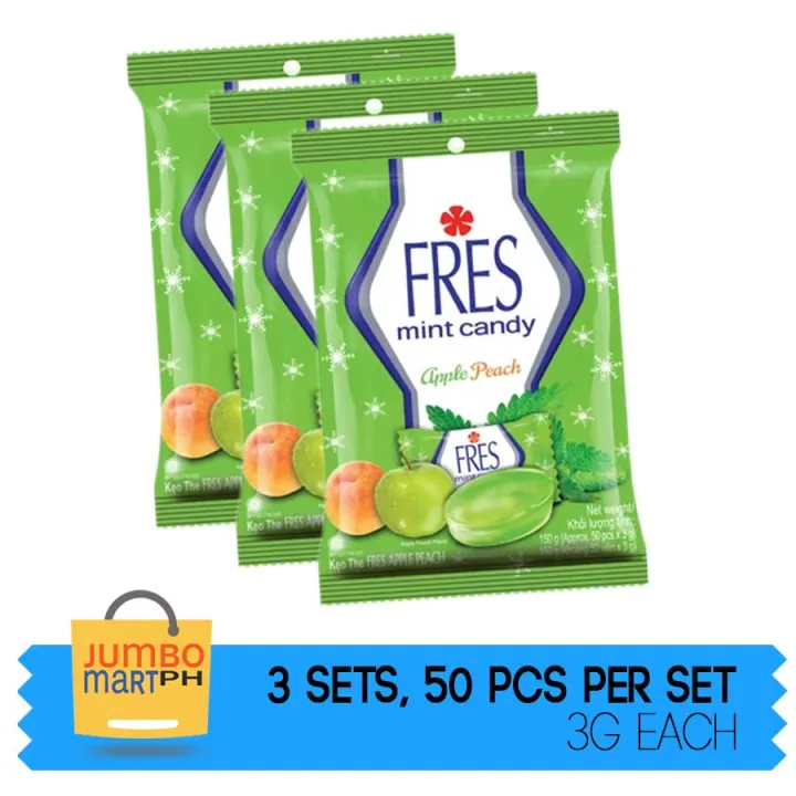 FRES MINT CANDY APPLE PEACH FLAVOR 3 PACKS / 50 PCS PER PACK / 3G EACH
