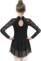 Girls Dance Ballet Leotard with SkirtBig Girls Lace Sleeves Ballerina Dancewear