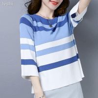 N&amp;AI  ฤดูร้อนน้ำแข็งผ้าไหมเสื้อสตรี แฟชั่นสไตล์เกาหลีถักรอบคอหลวมElegant Stripe