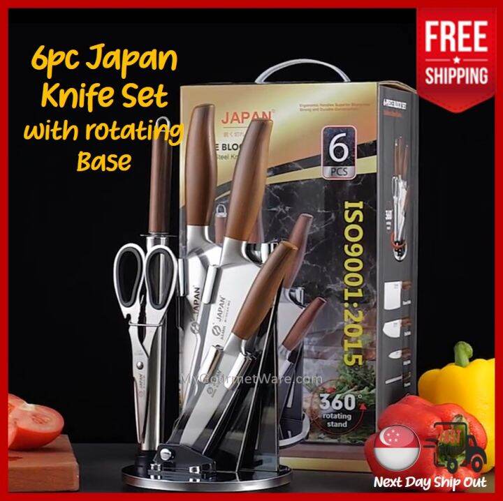 [SG Stock] ASAKH Japan 6pc Stainless Steel Kitchen Knife Gift Set with Rotating Stand Santoku