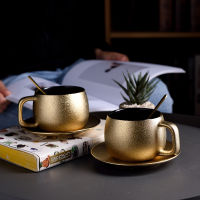 Bur Dubai Luxury Noble Golden Coffee Cup Saucer Set Pottery Frosted Matte Tea Tumbler Latte Espresso Mug Tazas Tasse Free Spoon
