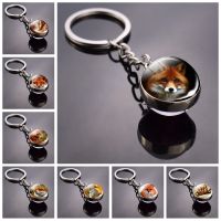 Fox Keychain Lovely Fox Picture Glass Ball Keychain Double Side Cabochon Glass Metal Keyring Christmas Gift for Men for Women