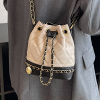 Xiaoxiangfeng bag new super hot drawstring bucket bag womens bag high-end rhombus chain one-shoulder Messenger bag 【QYUE】
