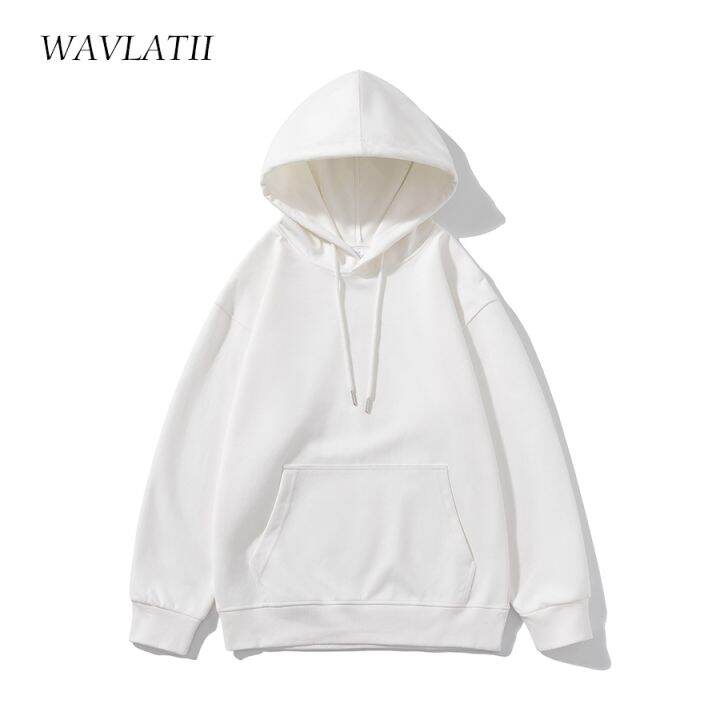 wavlatii-เสื้อฮู้ดผู้หญิงโอเวอร์ไซส์-เสื้อมีฮู้ดเสื้อแนวสตรีทโอเวอร์ไซส์สีกากีสีขาวทึบผ้าฝ้ายลำลองเสื้อ-wh2276แบบสปอร์ต