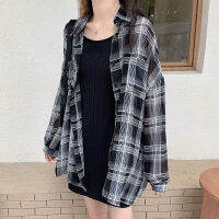 HOUZHOU Korean Fashion Plaid Shirts for Women Spring 2022 Casaul Chiffon Lantern Sleeves Oversize Blouses Black Mid-length Top